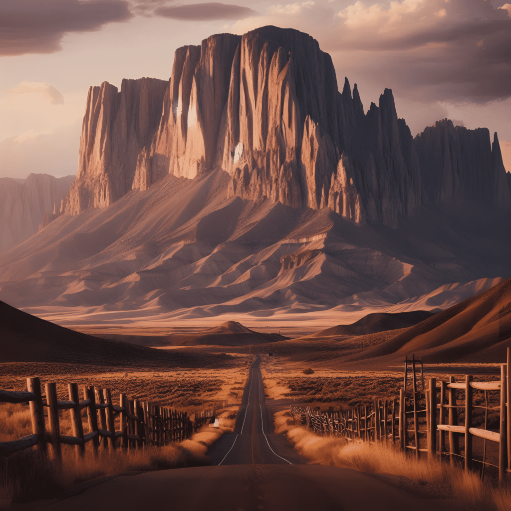 A road in the middle of a desert with a mountain in the background.